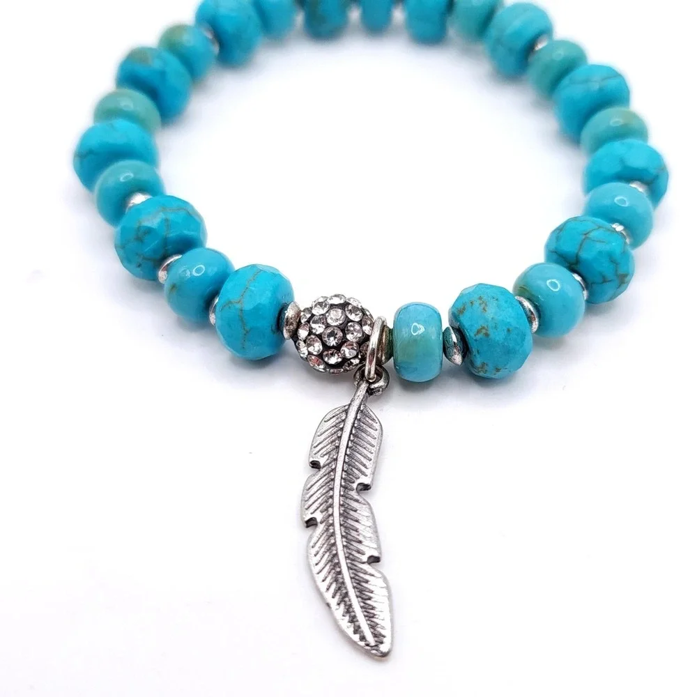 Turquoise Dyed Howlite Stretch Bracelet Silver Feather Charm Boho